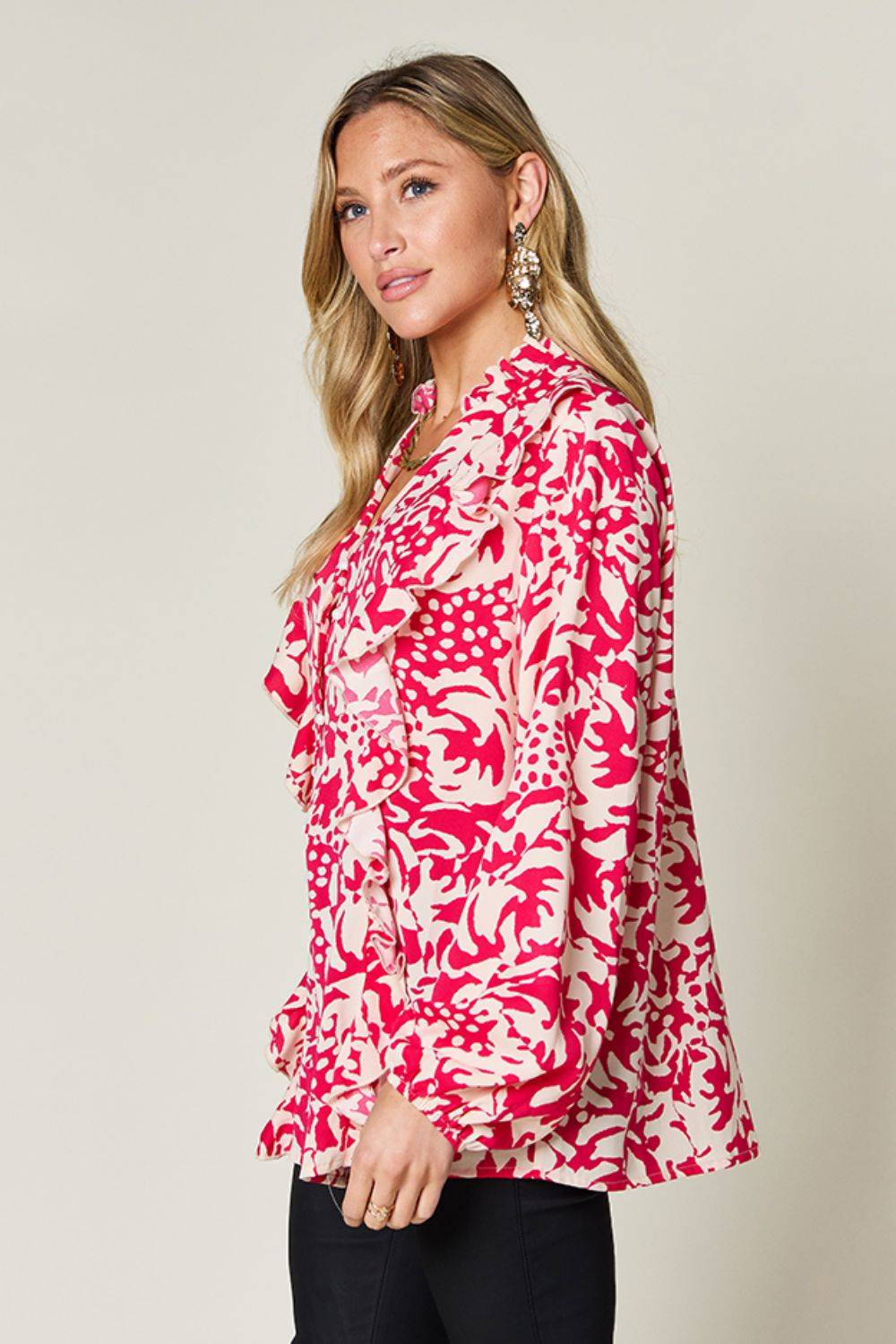 Double Take Full Size Printed Ruffle Trim Balloon Sleeve Shirt - Clothes For Her Online Store