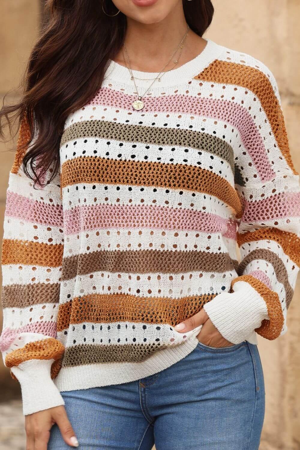 Striped Round Neck Hollowed Sweater - Clothes For Her Online Store