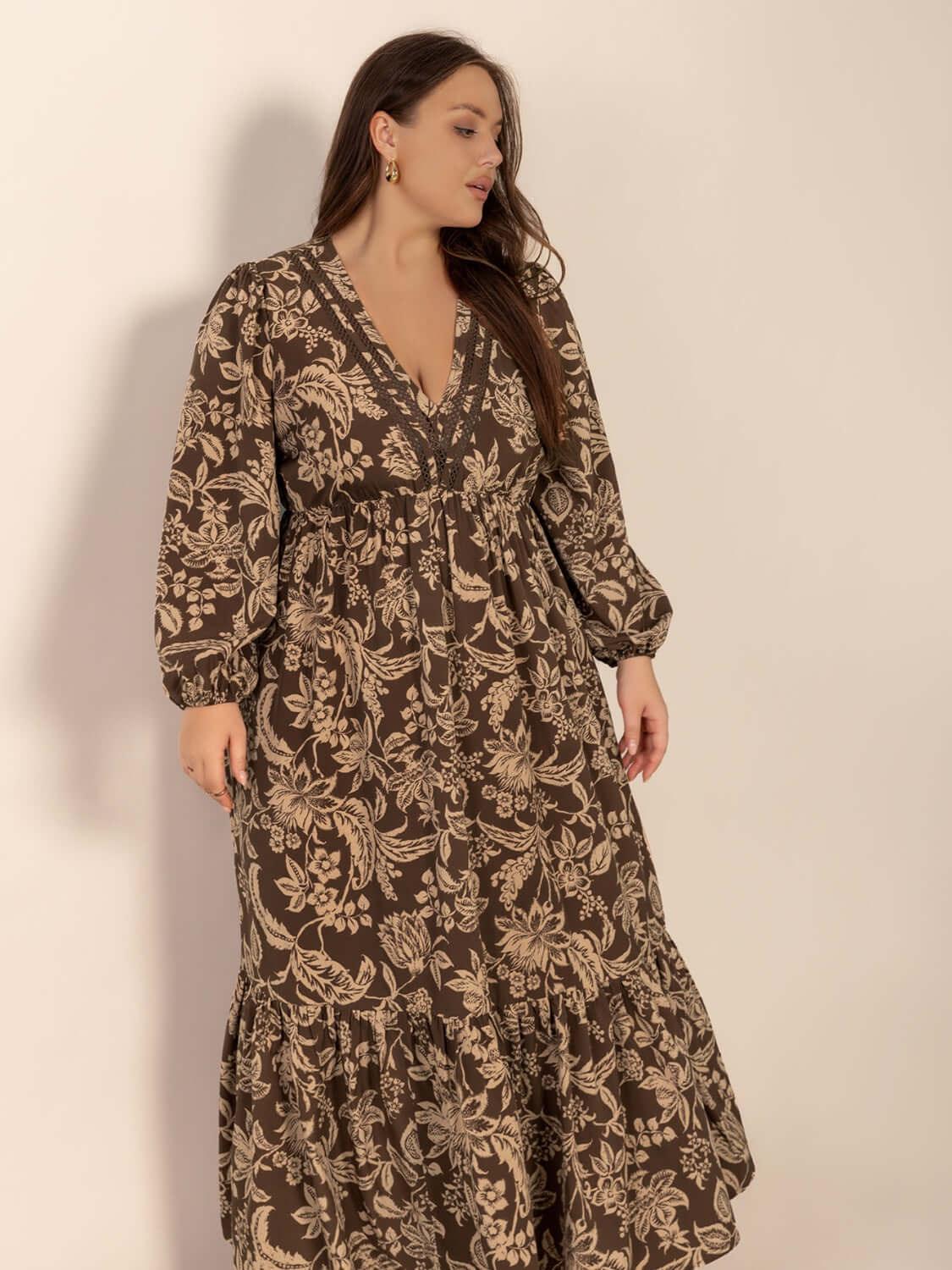 Plus Size Printed V-Neck Balloon Sleeve Maxi Dress - Clothes For Her Online Store