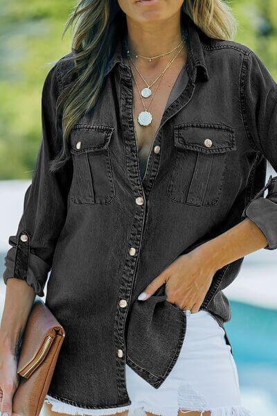 Pocketed Collared Neck Long Sleeve Denim Top - Clothes For Her Online Store