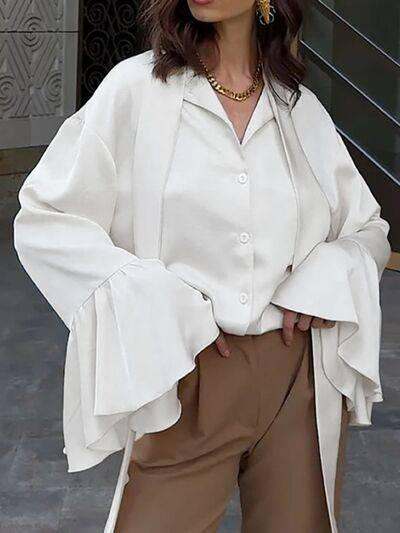 Button Down Flounce Sleeve Shirt - Clothes For Her Online Store