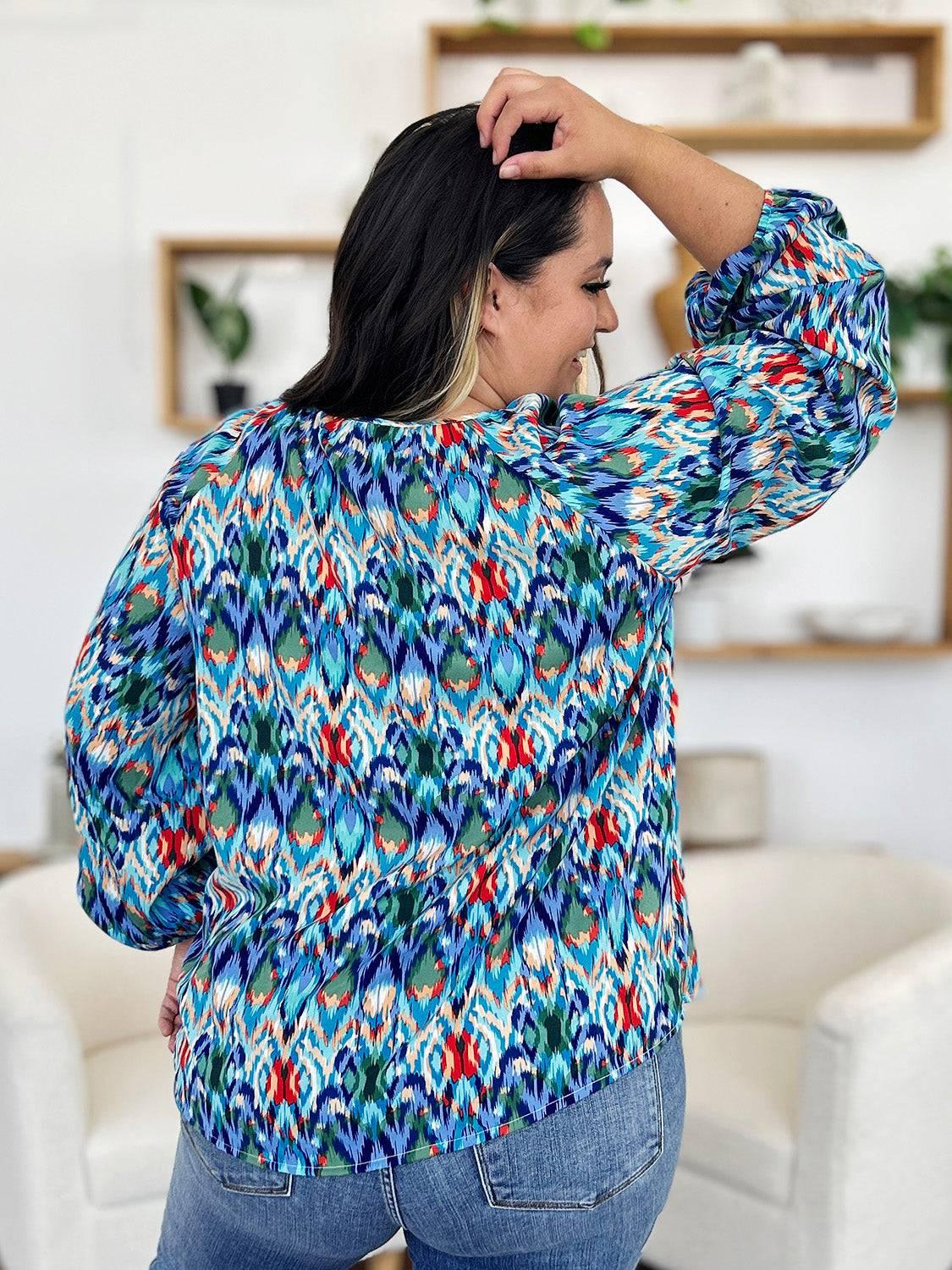 Double Take Full Size Printed Balloon Sleeve Blouse - Clothes For Her Online Store