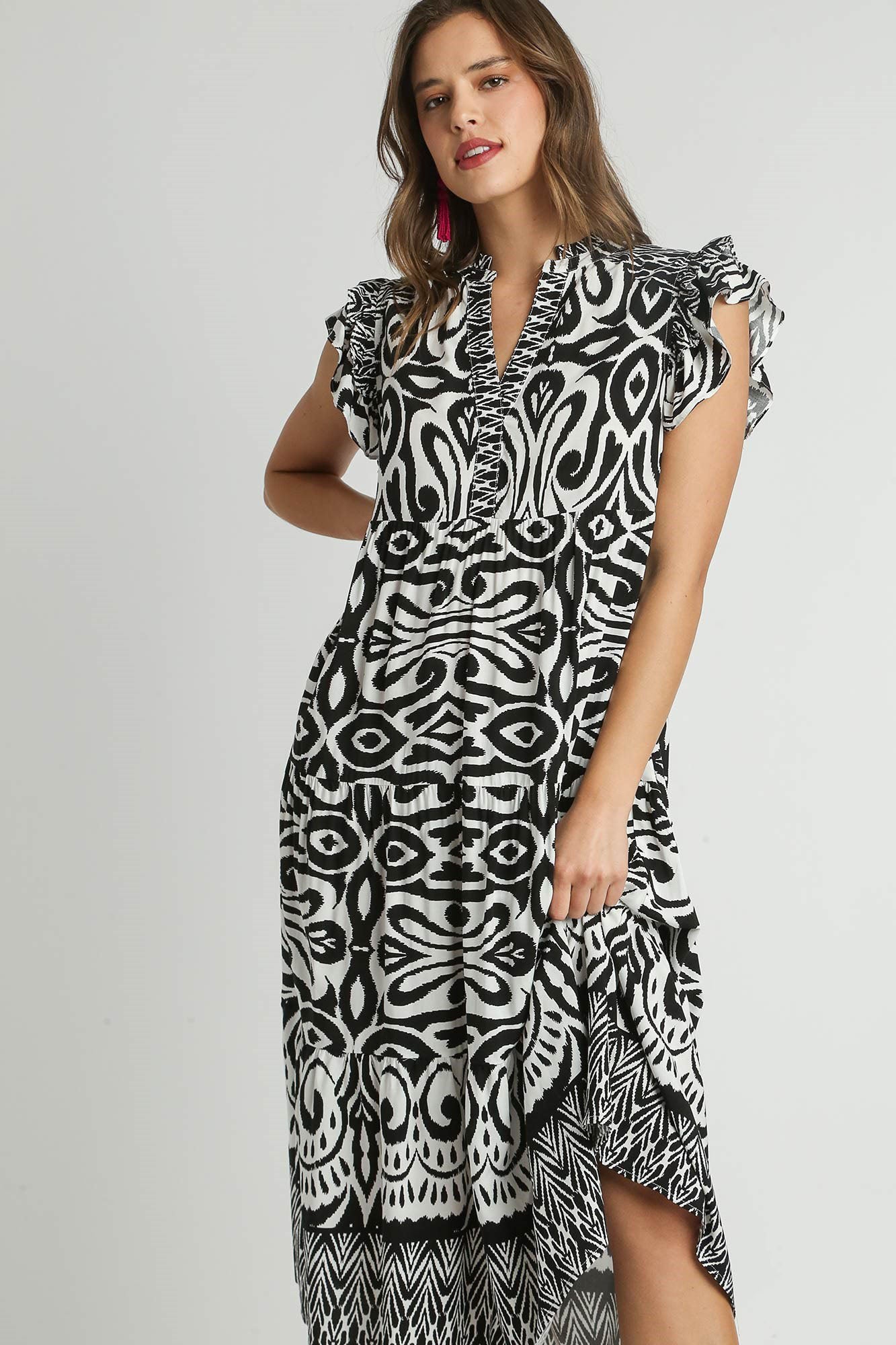 Umgee Full Size Two Tone Border Print Ruffle Cap Sleeve Midi Dress Plus Size - Clothes For Her Online Store