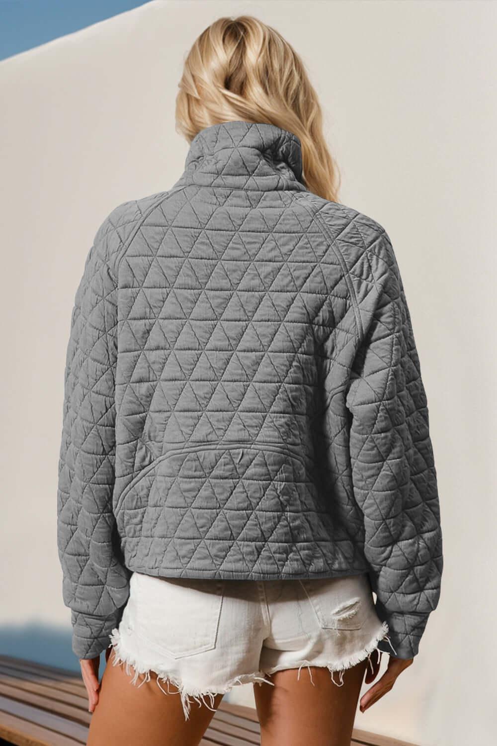 Double Take Half Zip Long Sleeve Quilted Sweatshirt with Pocket - Clothes For Her Online Store