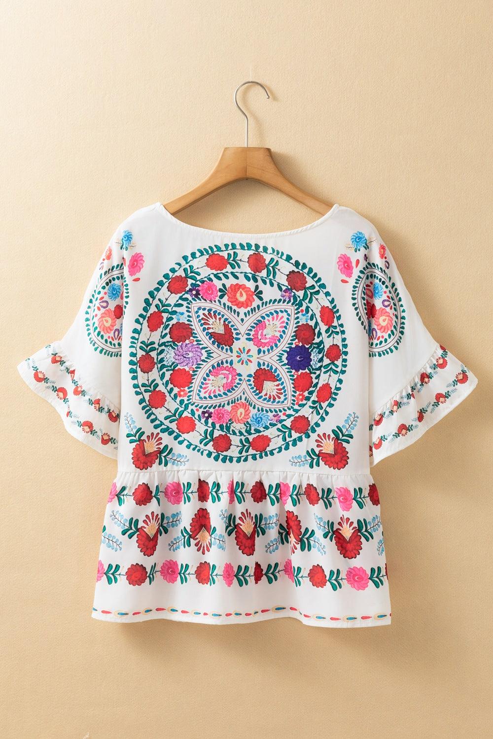 Floral Print Round Neck Ruffle Trim Blouse - Clothes For Her Online Store