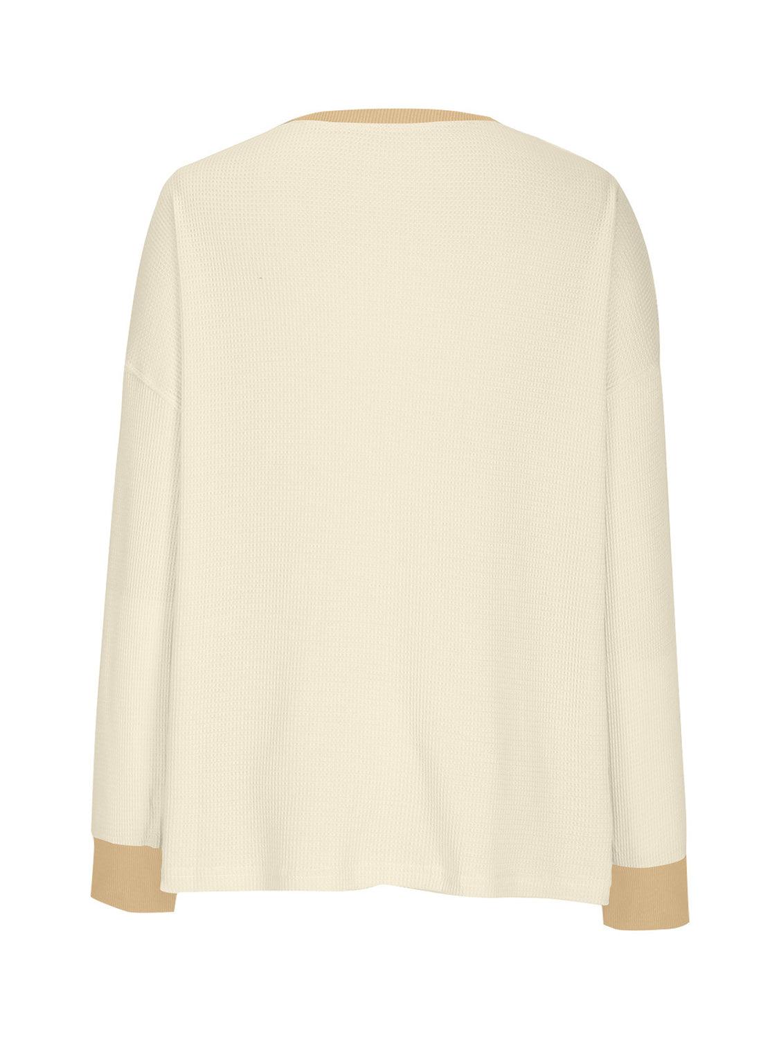 Waffle Knit Round Neck Long Sleeve T-Shirt - Clothes For Her Online Store