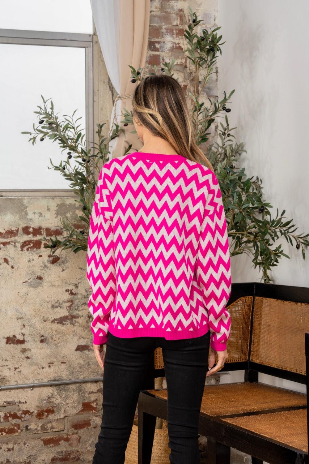 Sew In Love Full Size Wave Stripe Contrast Long Sleeve Sweater - Clothes For Her Online Store