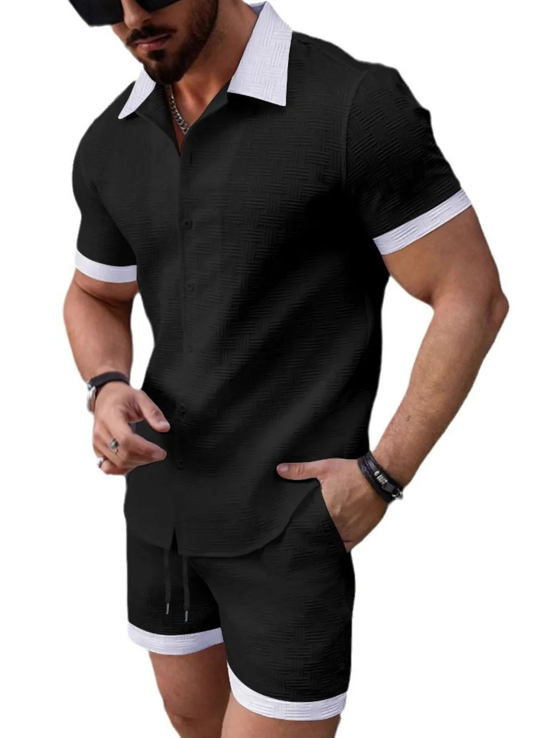 Men's Button Up Short Sleeve Shirt and Shorts Set