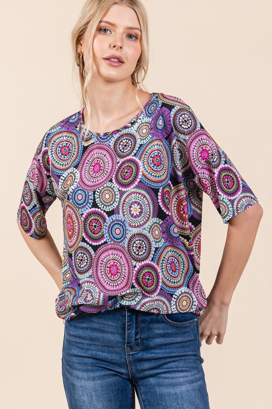 BOMBOM Printed Round Neck Half Sleeve Top - Clothes For Her Online Store