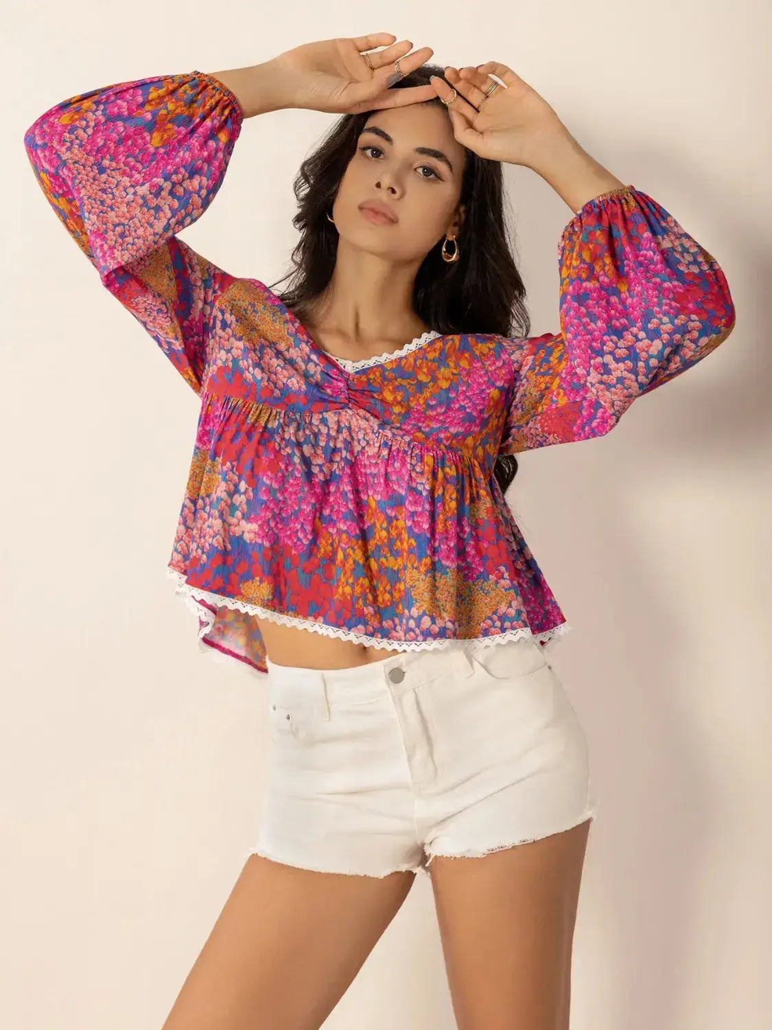 Lace Detail Printed Balloon Sleeve Top - Clothes For Her Online Store