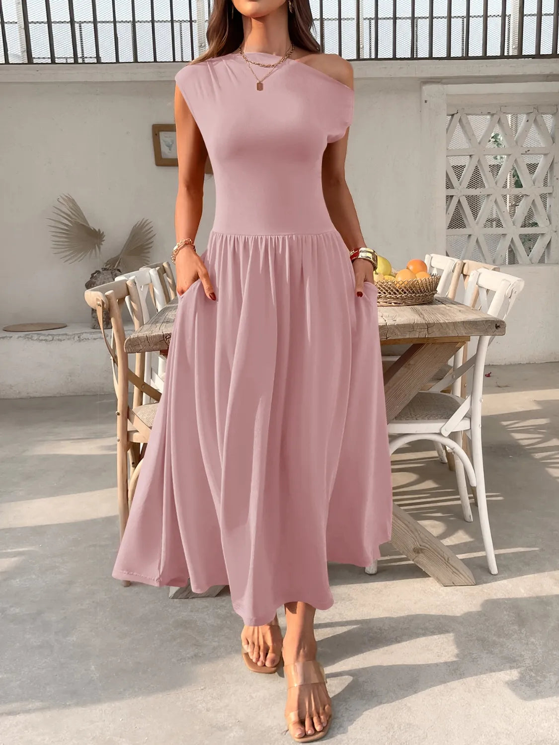 Single Shoulder Dress with Pockets