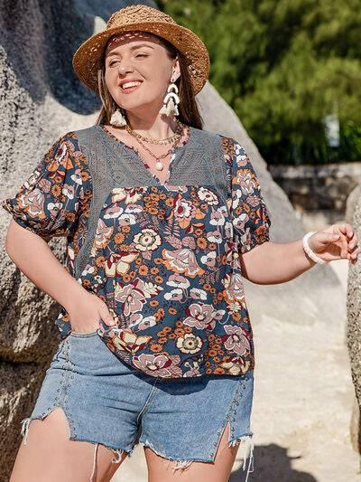 Plus Size Printed Notched Half Sleeve Blouse - Clothes For Her Online Store
