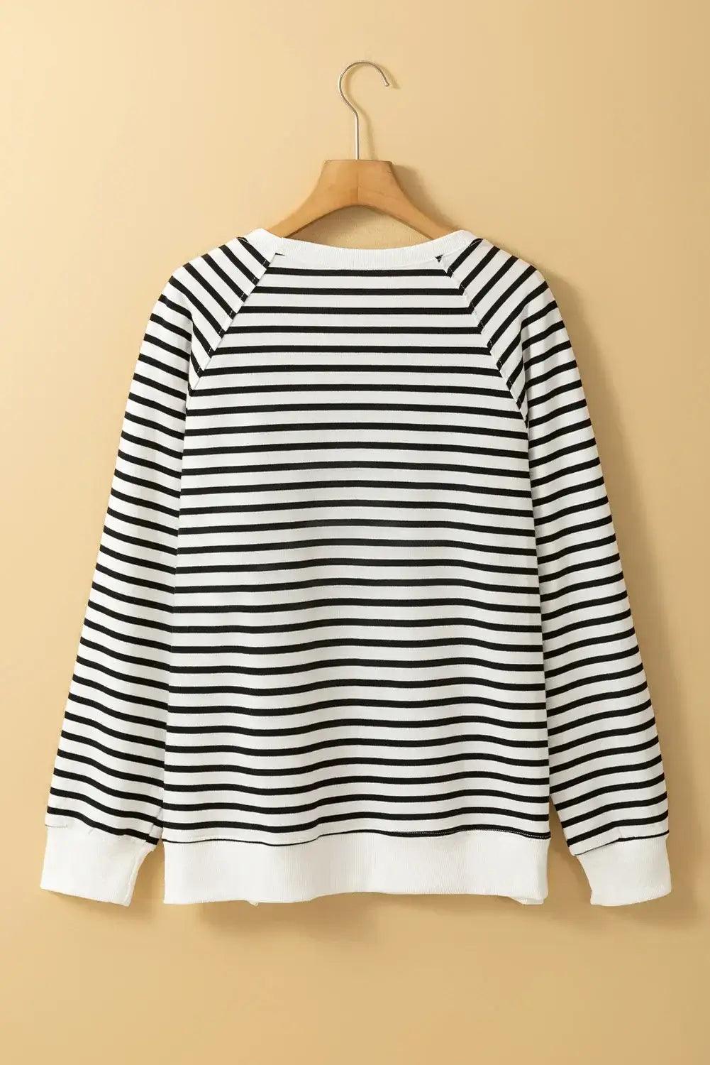 Slit Striped Round Neck Long Sleeve Sweatshirt - Clothes For Her Online Store