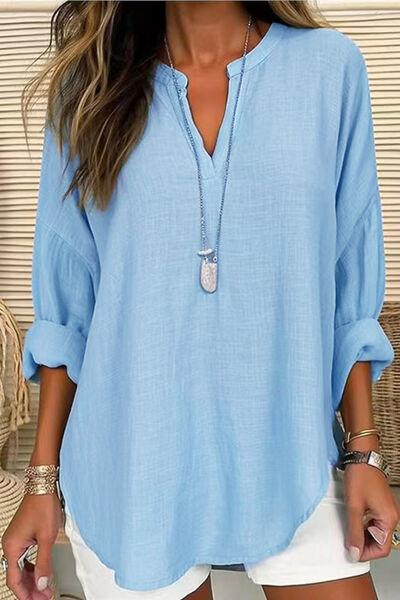 Solid Color Notched Long Sleeve Blouse - Clothes For Her Online Store