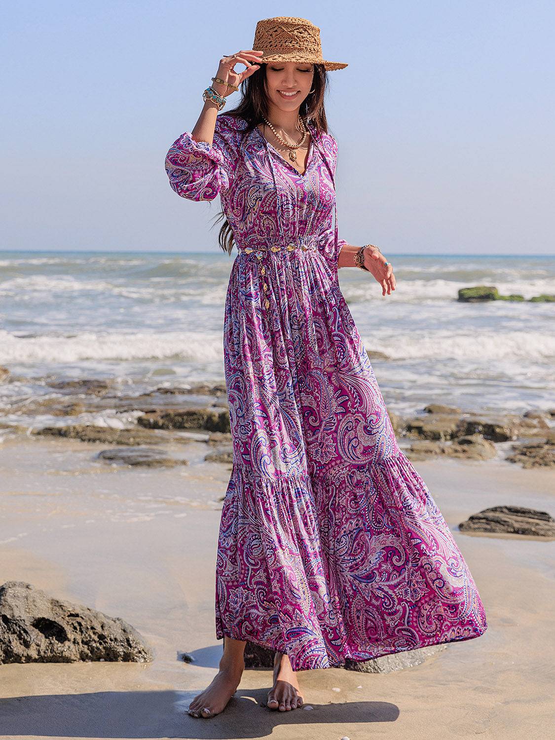 Printed Tie Neck Balloon Sleeve Maxi Dress - Clothes For Her Online Store