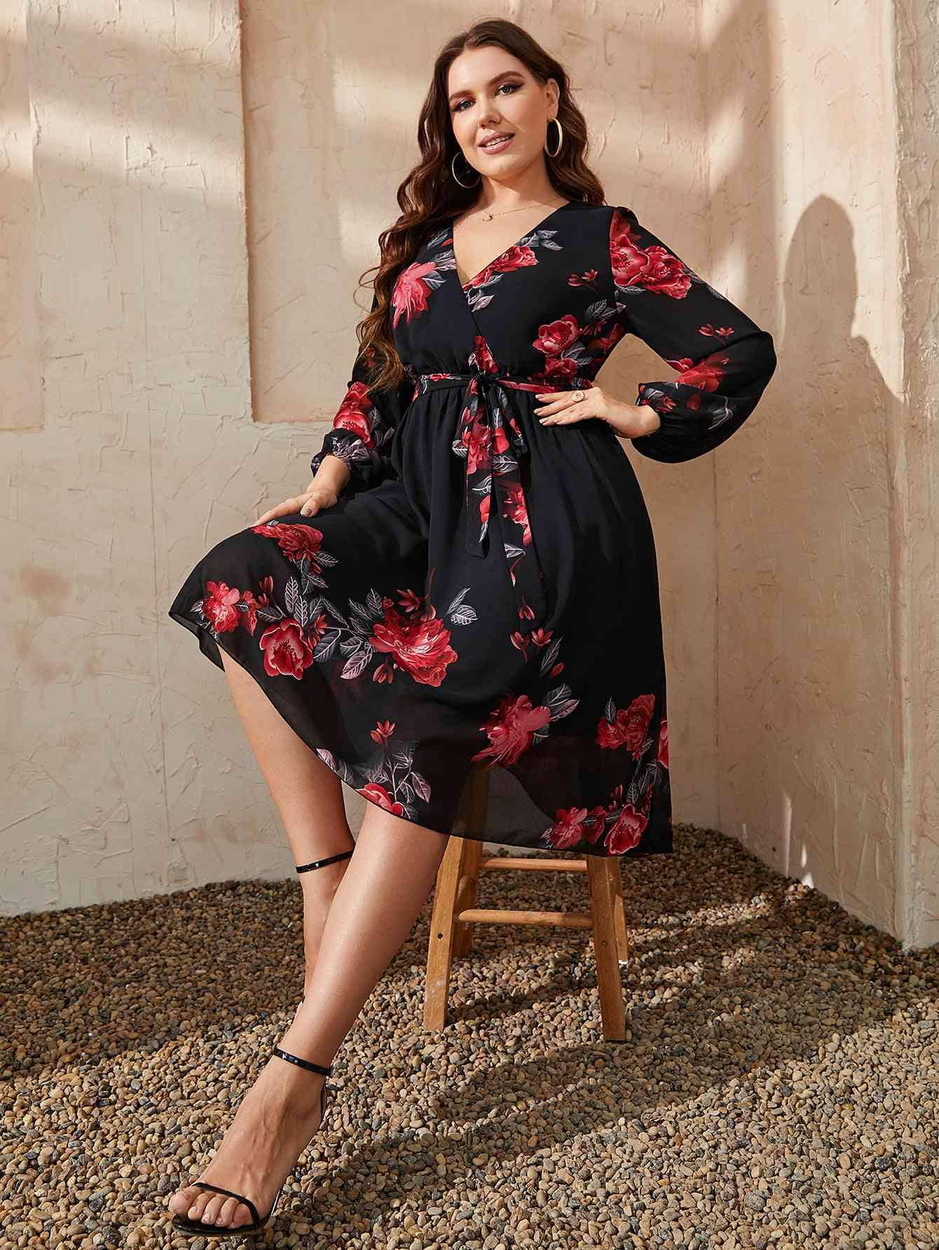 Honey Plus Size Floral Surplice Neck Tie Waist Dress - Clothes For Her Online Store