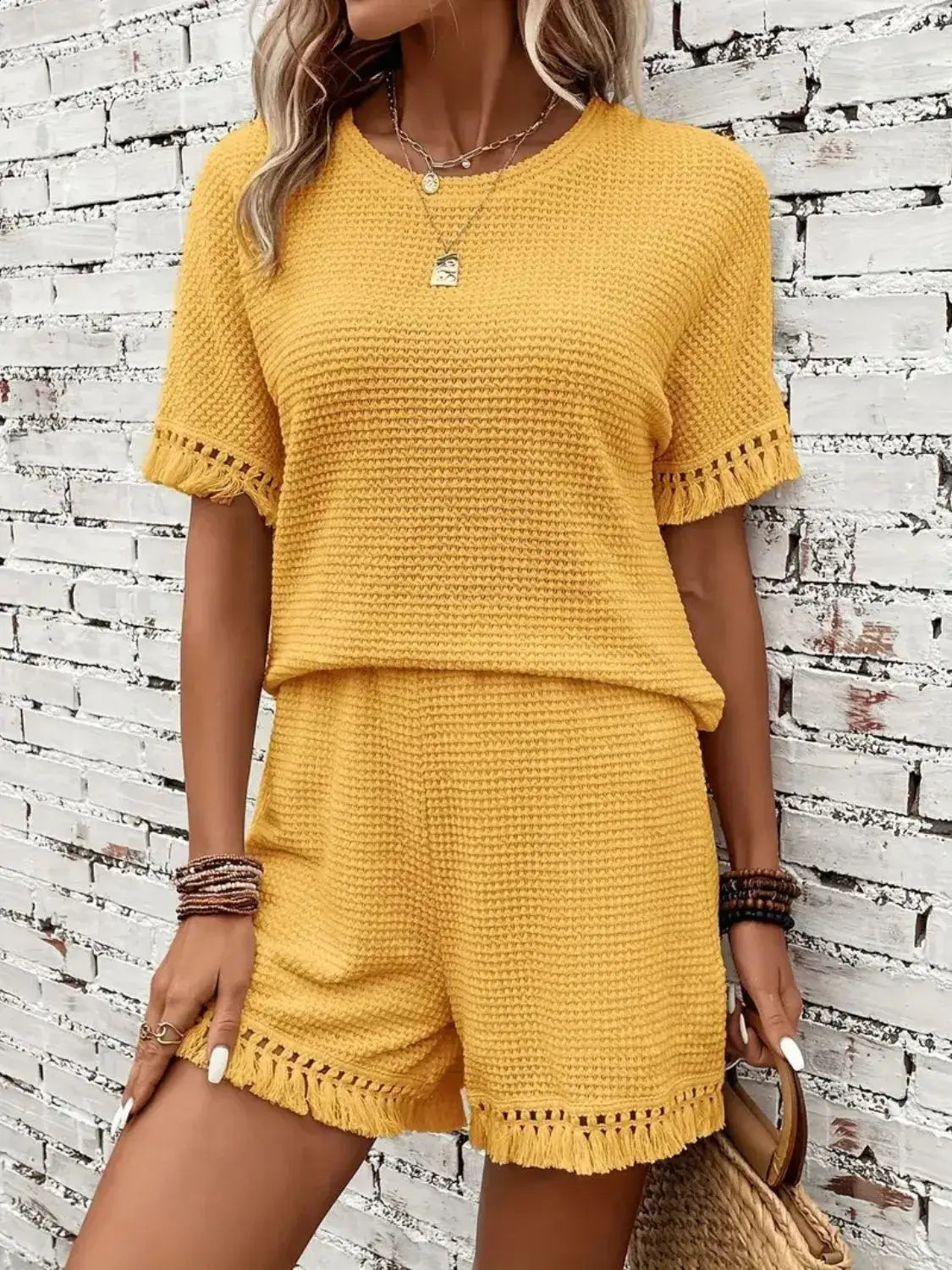 Tassel Round Neck Top and Shorts Set - Clothes For Her Online Store