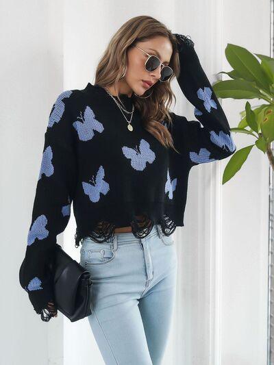Distressed Butterfly Cropped Sweater - Clothes For Her Online Store
