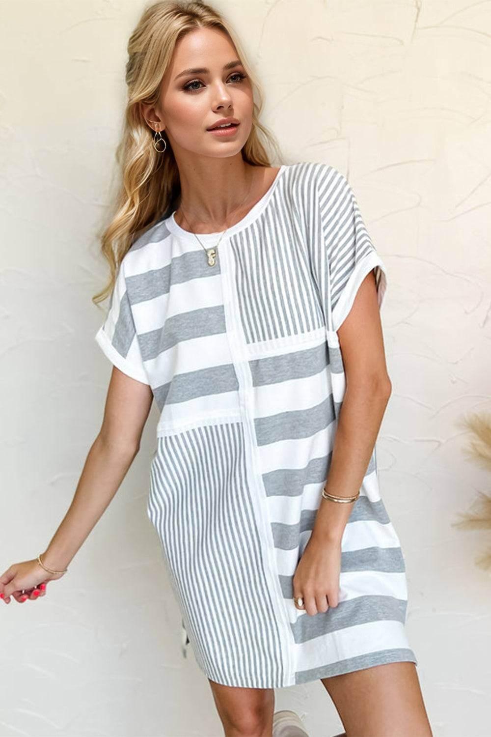 Oh Full Size Striped Round Neck Short Sleeve Mini Tee Dress - Clothes For Her Online Store