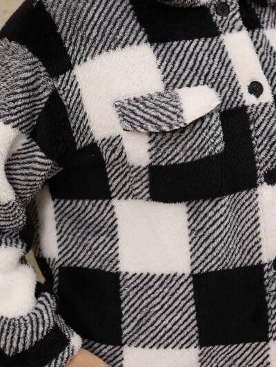 Plus Size Pocketed Plaid Collared Neck Jacket - Clothes For Her Online Store