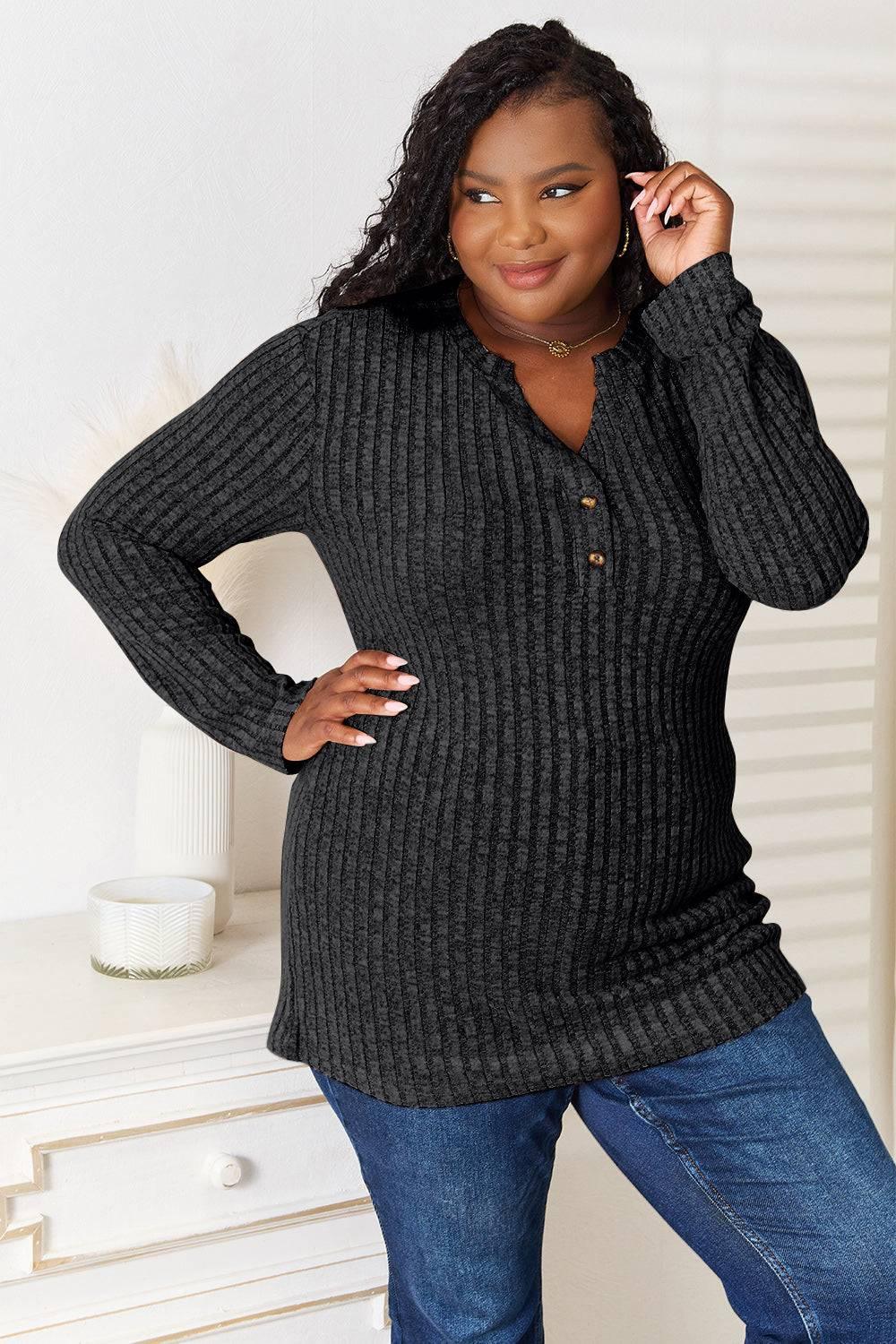 Double Take Notched Neck Ribbed Long Sleeve T-Shirt - Clothes For Her Online Store