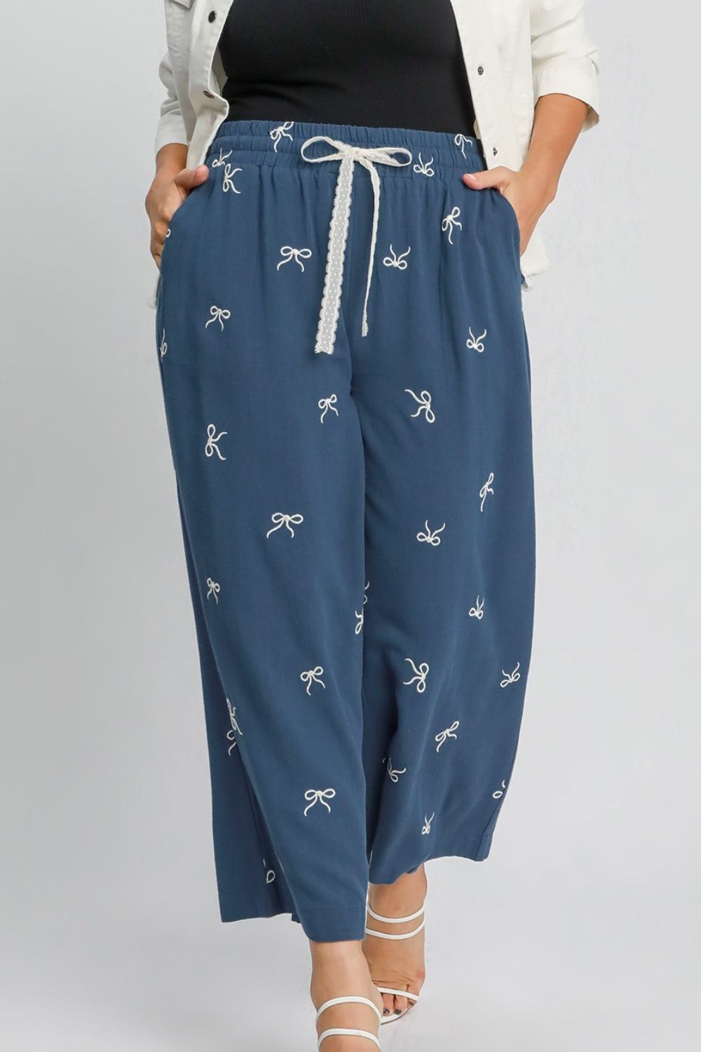 Umgee Full Size Lace Drawstring Embroidered Bow Wide Leg Pants Plus Size - Clothes For Her Online Store