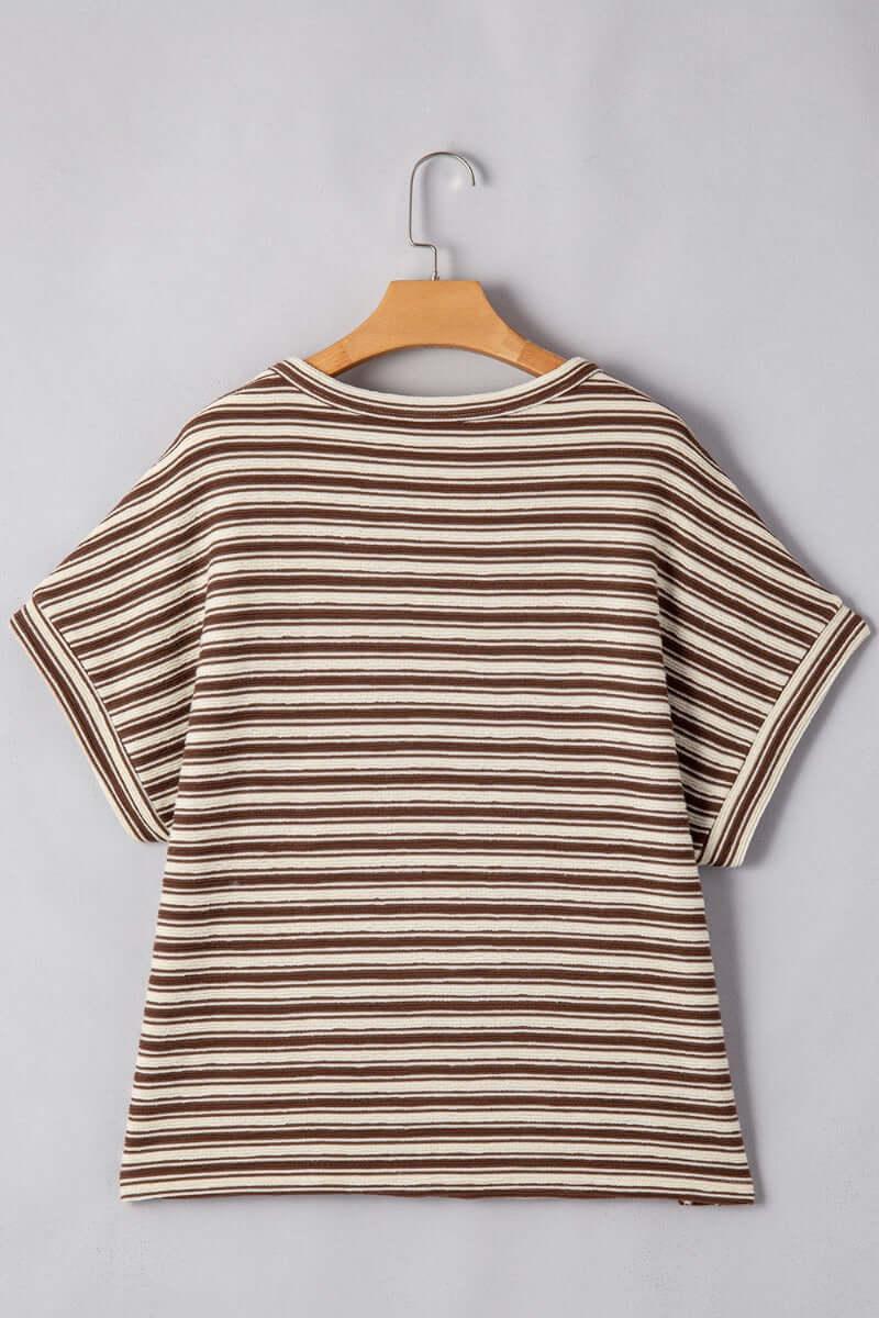 Stripe Textured Side Slit Crew Neck T-Shirt - Clothes For Her Online Store