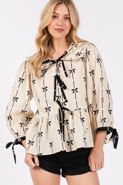 SAGE + FIG Bow Print Tie Front Babydoll Blouse - Clothes For Her Online Store