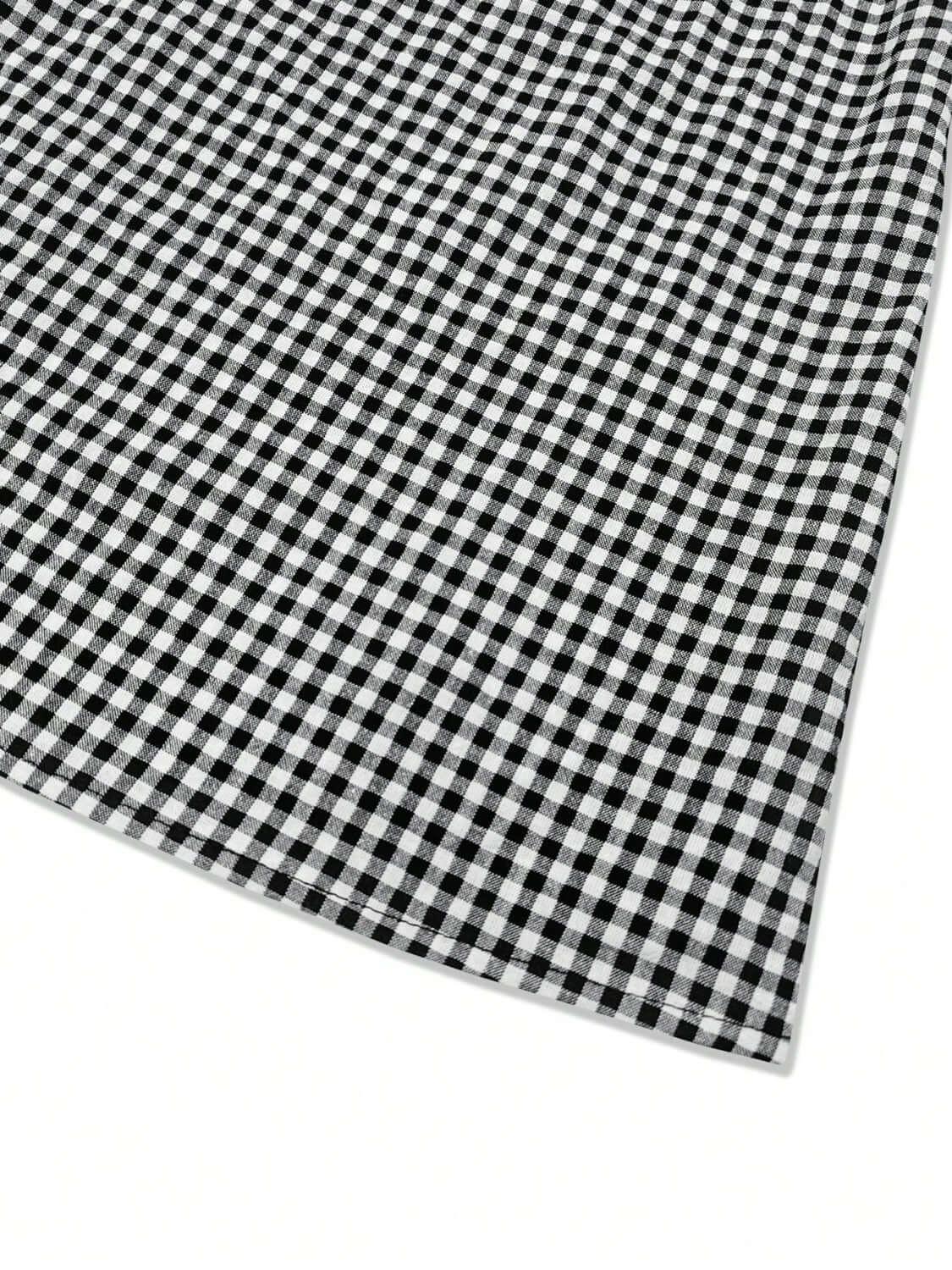 Smocked Plaid Round Neck Layered Short Sleeve Blouse - Clothes For Her Online Store