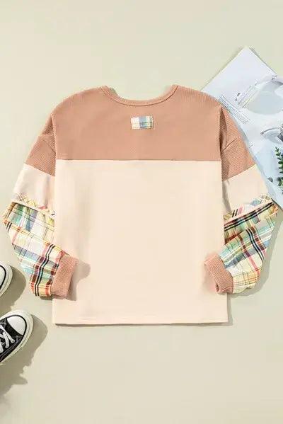 Plus Size Waffle-Knit Detail Plaid Round Neck Top - Clothes For Her Online Store