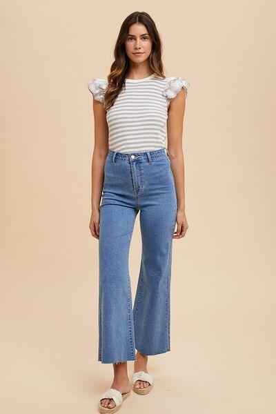 Annie Wear Ruffled Striped Round Neck Cap Sleeve Knit Top - Clothes For Her Online Store
