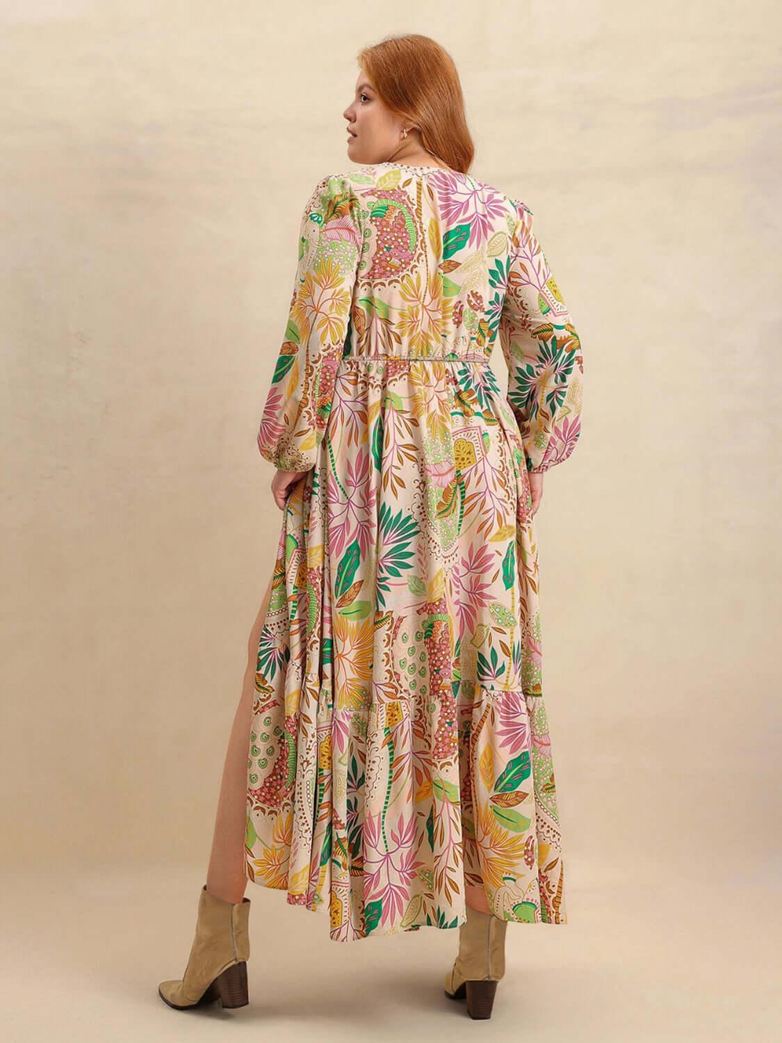 Plus Size Lace Detail Printed V-Neck Balloon Sleeve Dress - Clothes For Her Online Store