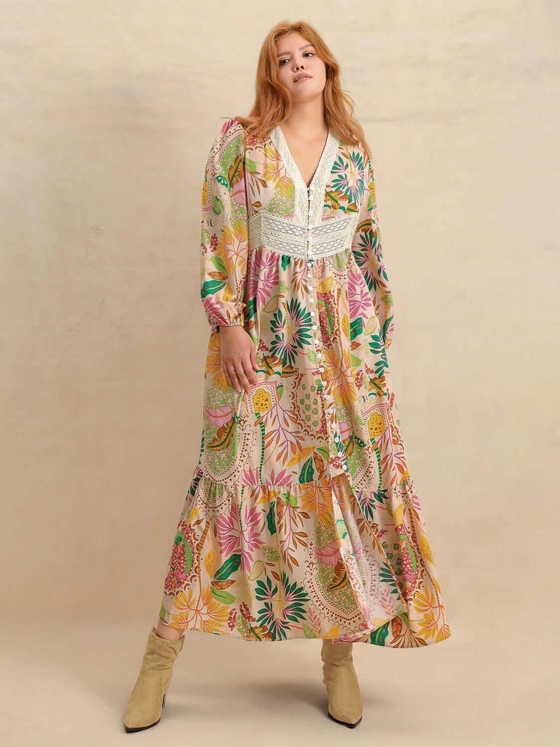 Plus Size Lace Detail Printed V-Neck Balloon Sleeve Dress - Clothes For Her Online Store