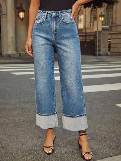 High Waisted Straight Leg Rolled Jeans - Clothes For Her Online Store