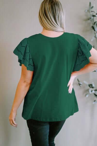 Plus Size Eyelet Round Neck Short Sleeve Blouse - Clothes For Her Online Store