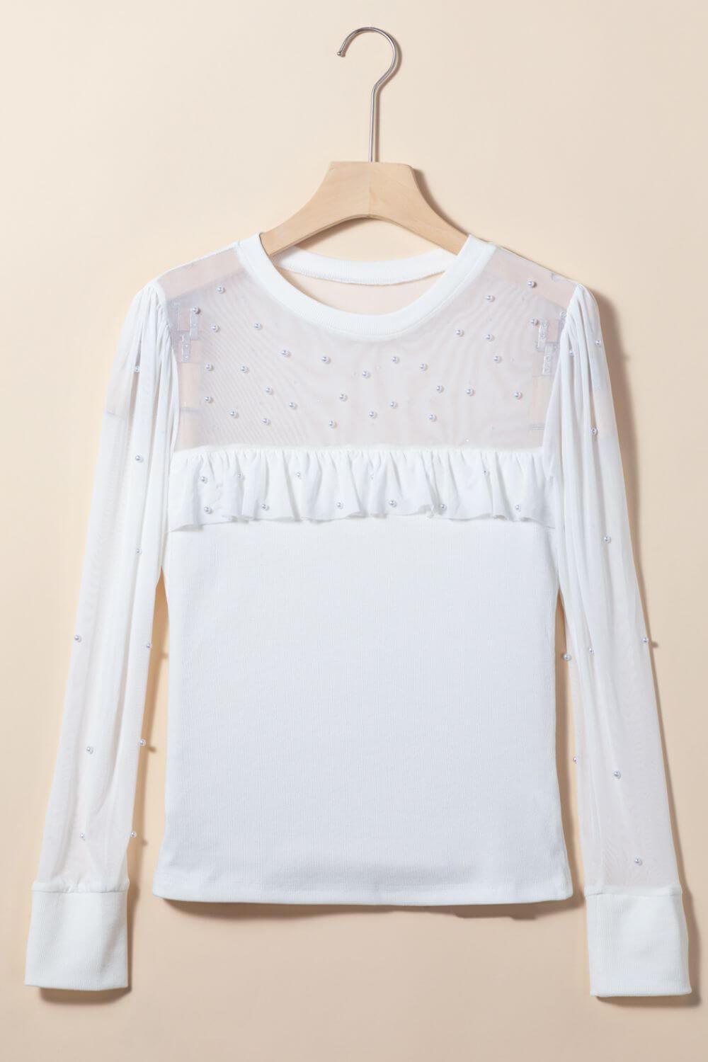 Pearl Decor Mesh Patchwork Ribbed Long Sleeve Top - Clothes For Her Online Store