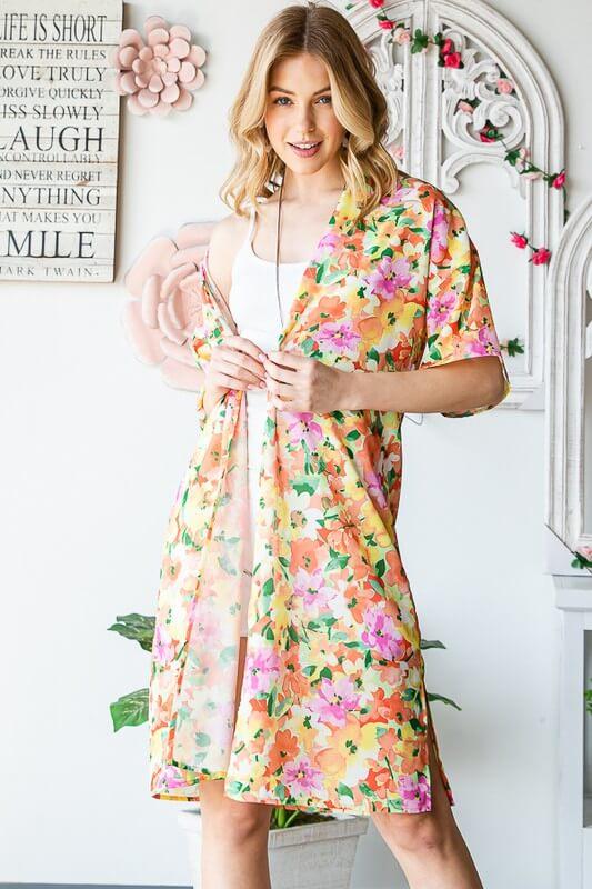 Heimish Full Size Half Sleeve Multi Color Floral Open Cardigan Plus Size - Clothes For Her Online Store