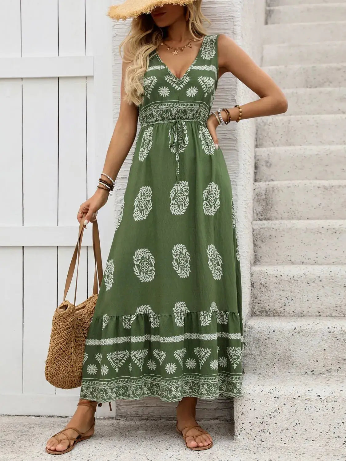 Printed V-Neck Sleeveless Dress - Clothes For Her Online Store
