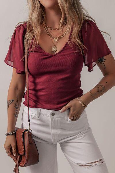 Mesh Short Sleeve Slim V-Neck Top - Clothes For Her Online Store