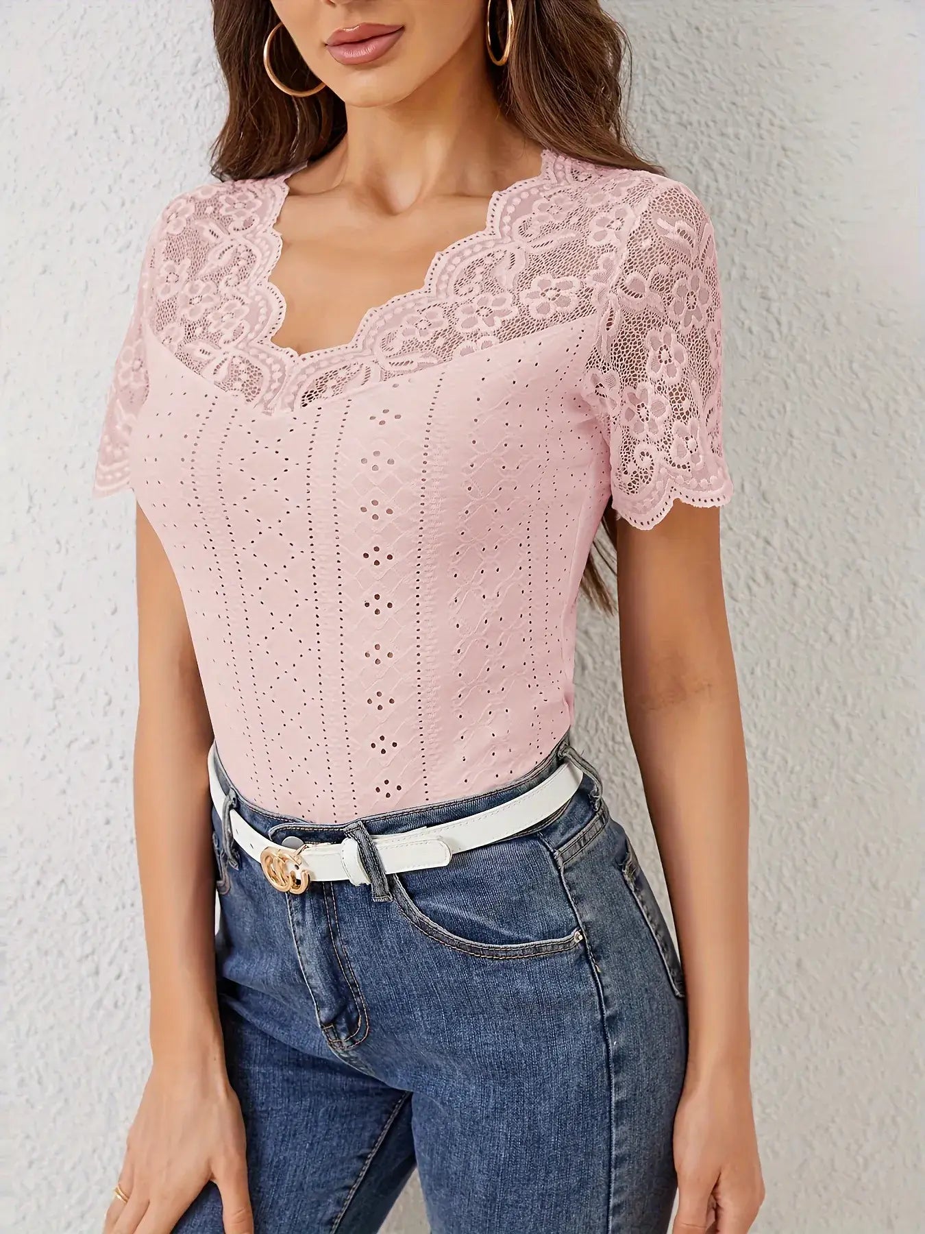 Lace Trim Eyelet Embroidered Summer T-Shirt