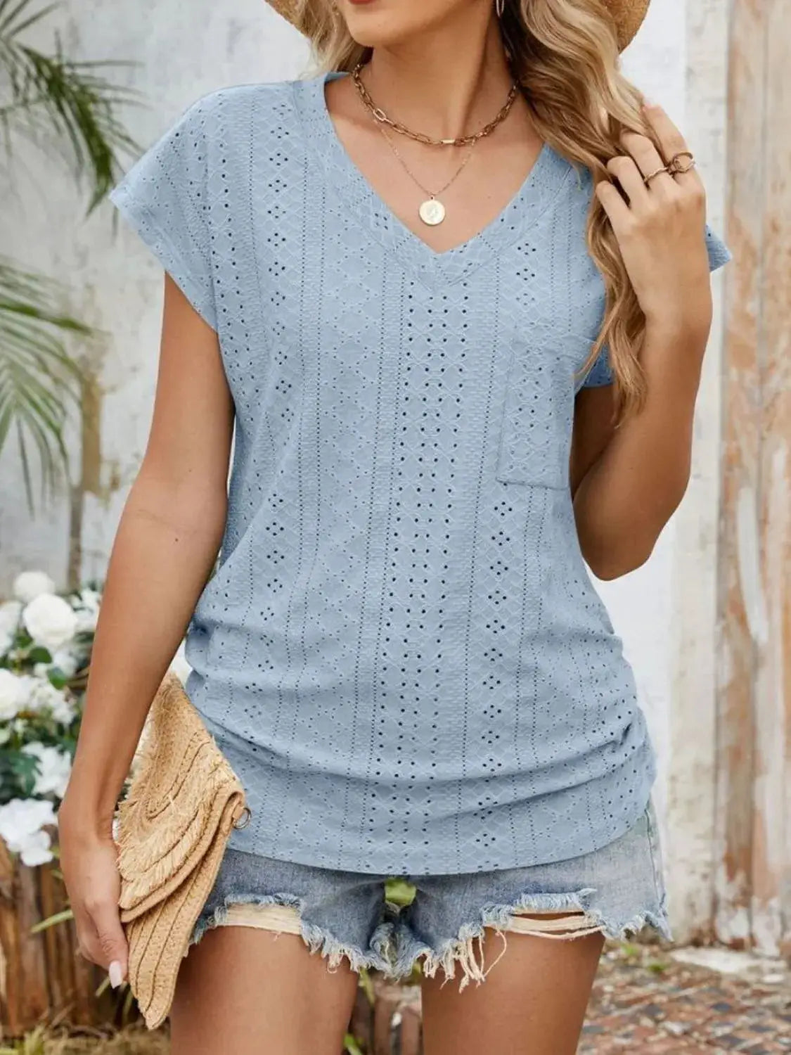 Eyelet V-Neck Short Sleeve Top - Clothes For Her Online Store