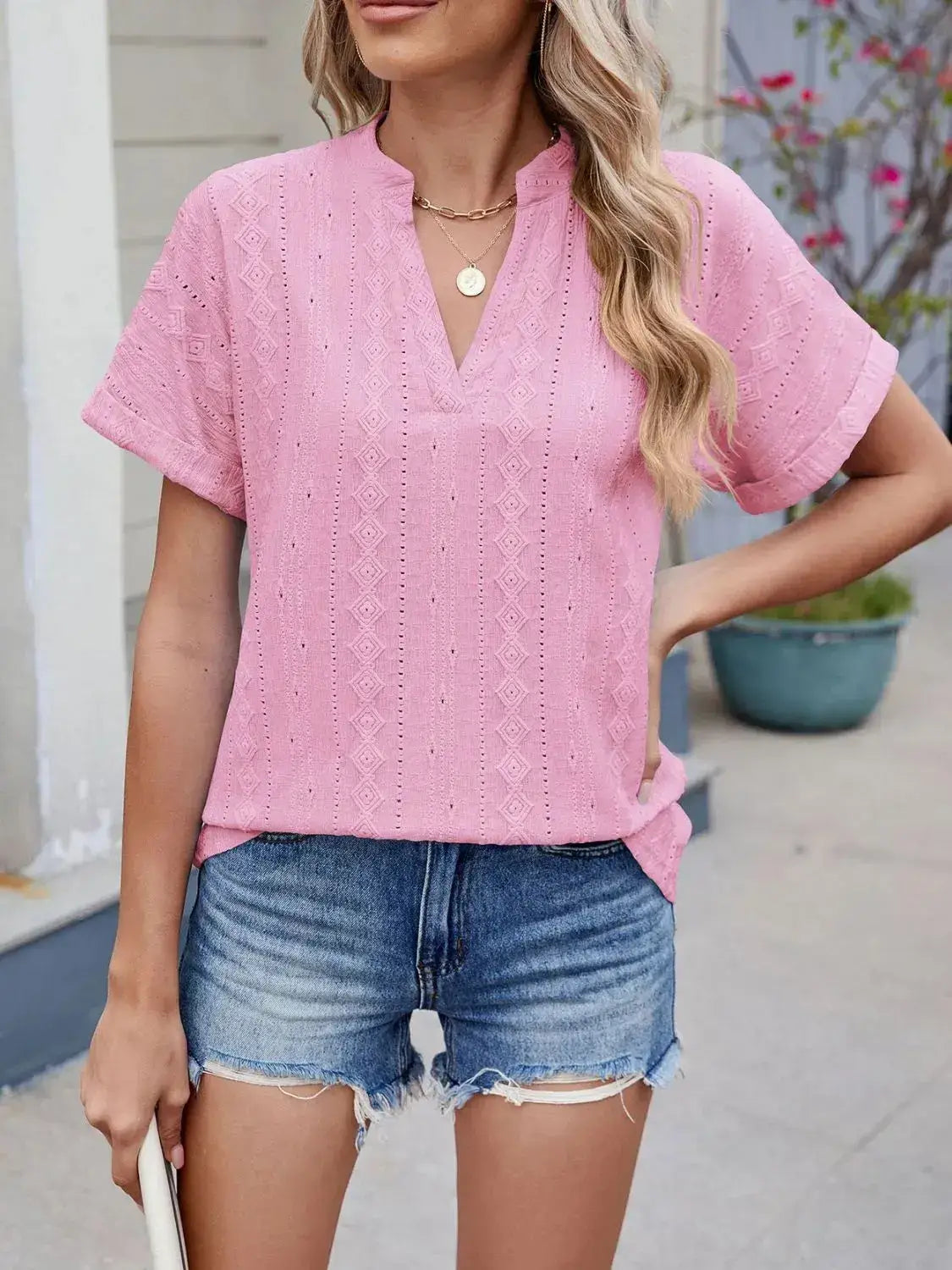 Eyelet Notched Short Sleeve Top - Clothes For Her Online Store