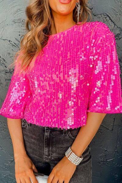 Sequin Round Neck Half Sleeve Blouse - Clothes For Her Online Store