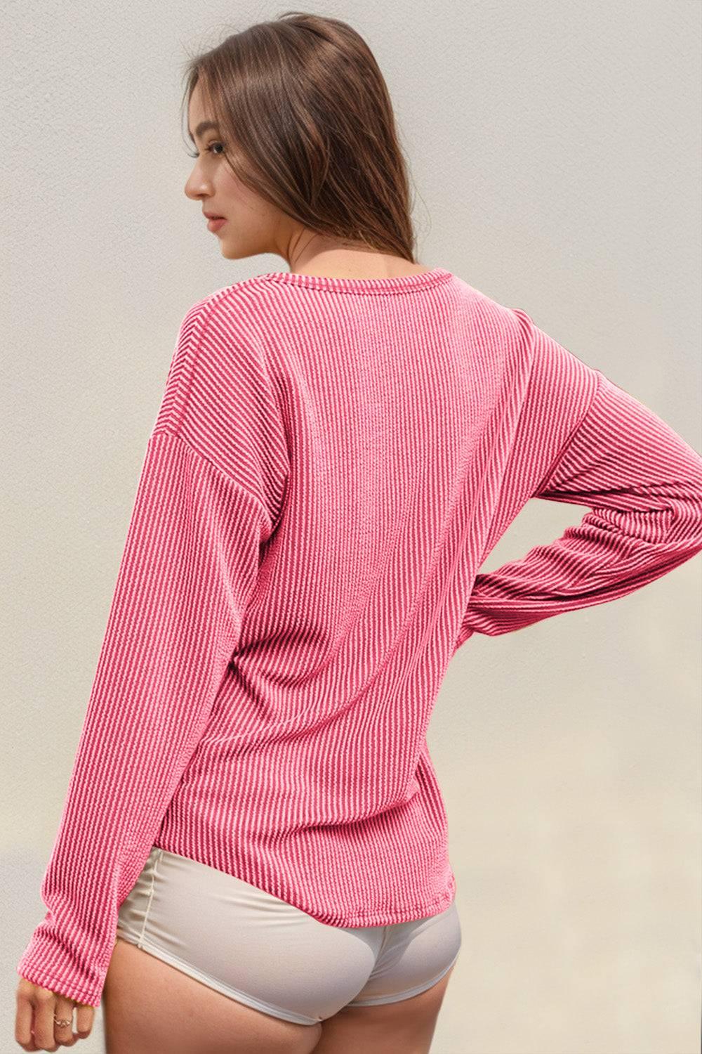 Double Take Striped Notched Long Sleeve T-Shirt - Clothes For Her Online Store