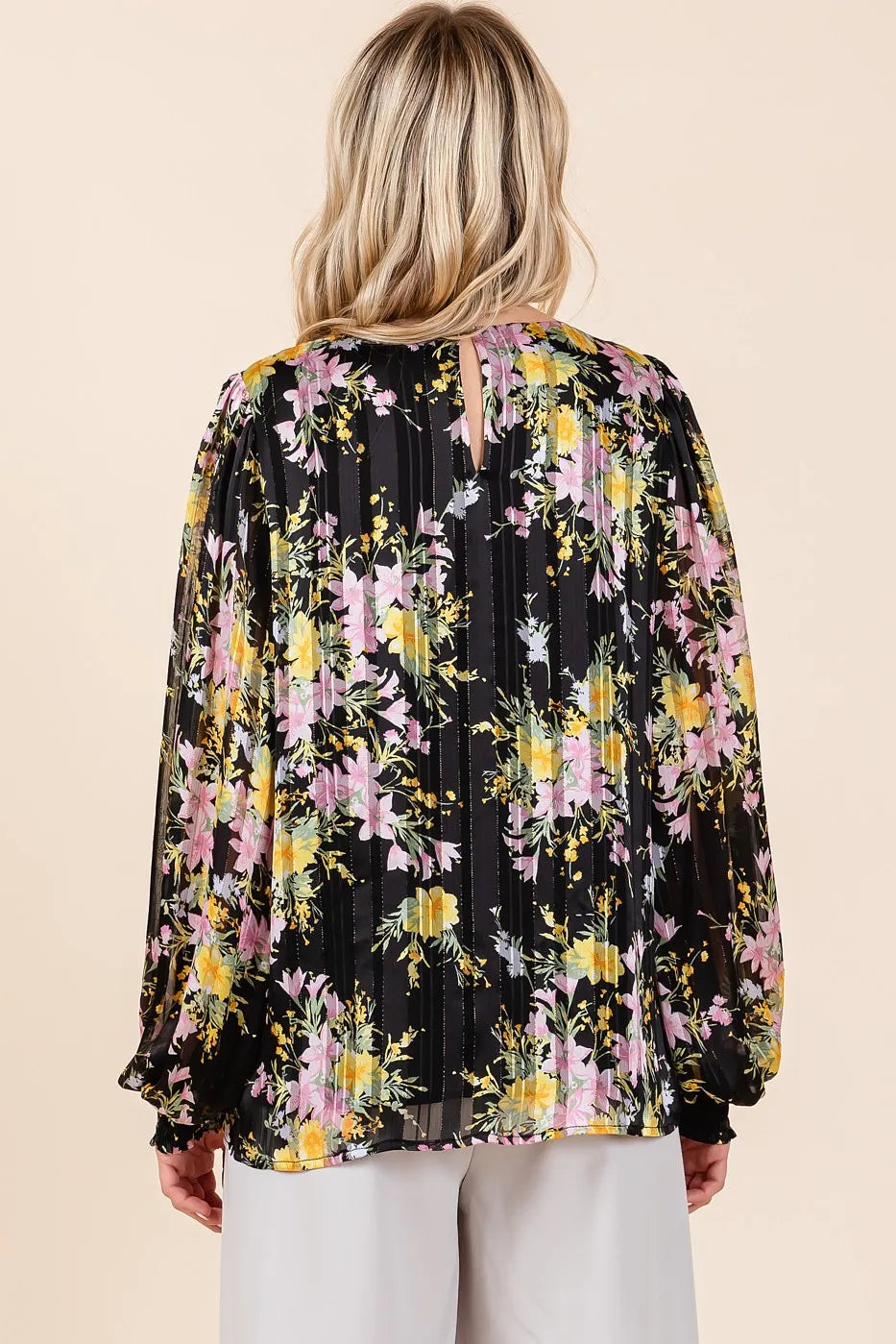 Mittoshop Satin Gold Lurex Striped Long Sleeve Chiffon Top