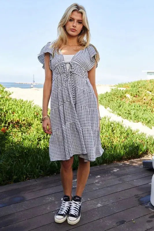 Davi & Dani Jacquard V-Neck Flutter Cap Sleeve Tiered Dress - Clothes For Her Online Store