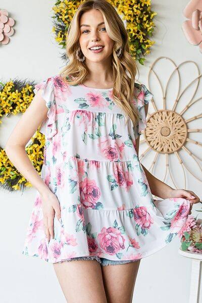 Heimish Full Size Butterfly Short Sleeve Round Neck Floral Print Tiered Top Plus Size - Clothes For Her Online Store