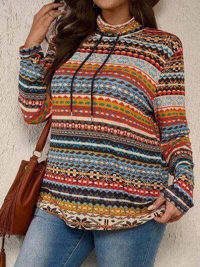 Plus Size Drawstring Printed Mock Neck Long Sleeve Top - Clothes For Her Online Store