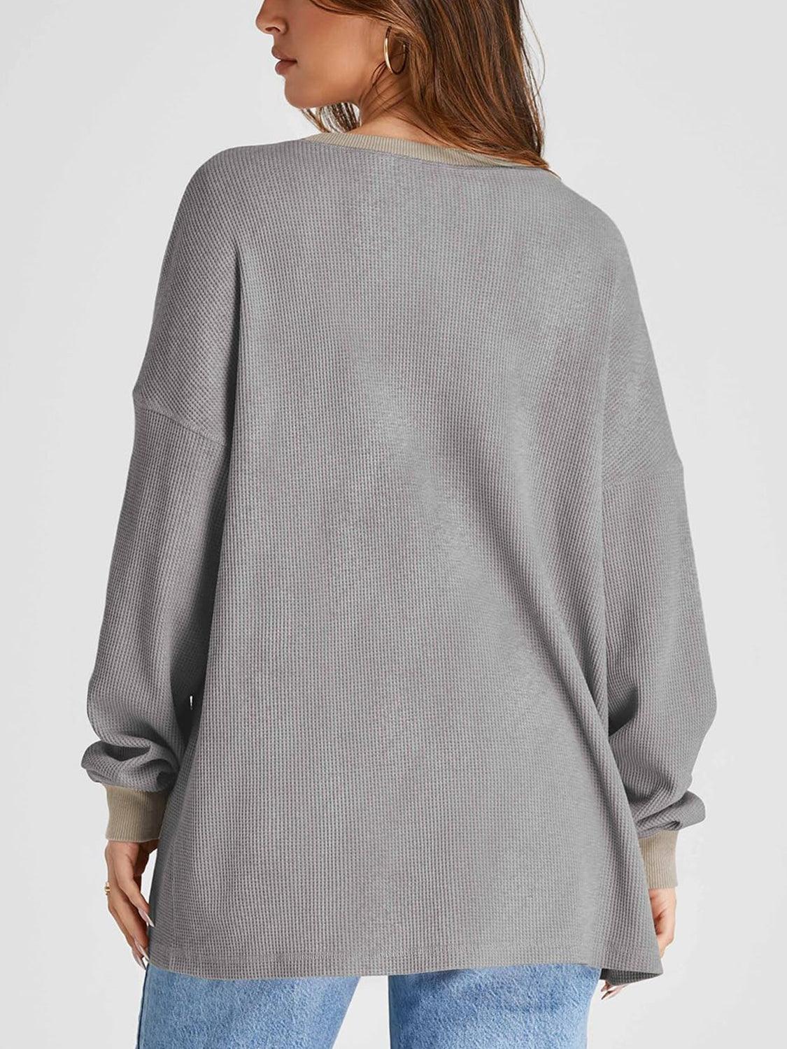 Waffle Knit Round Neck Long Sleeve T-Shirt - Clothes For Her Online Store