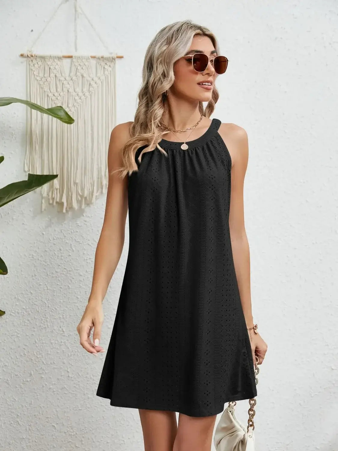 Eyelet Round Neck Sleeveless Dress